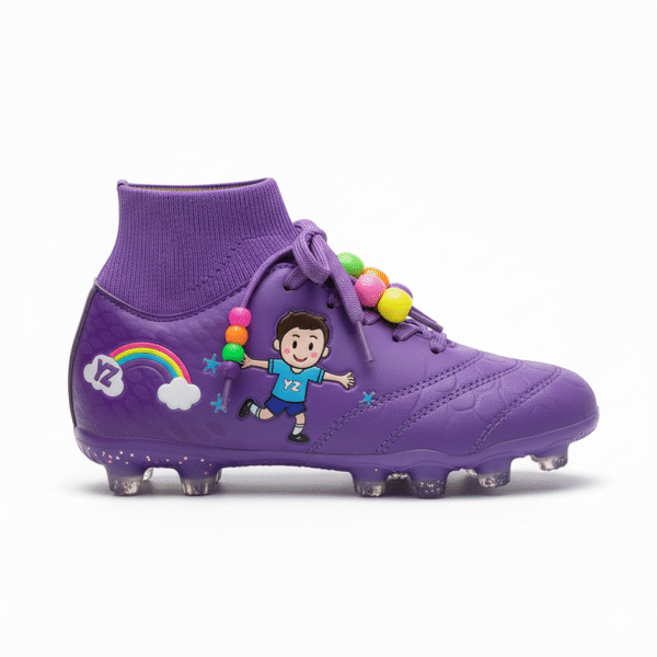 Botas moradas con calcetín y cordones vistas desde un lateral para niñas.