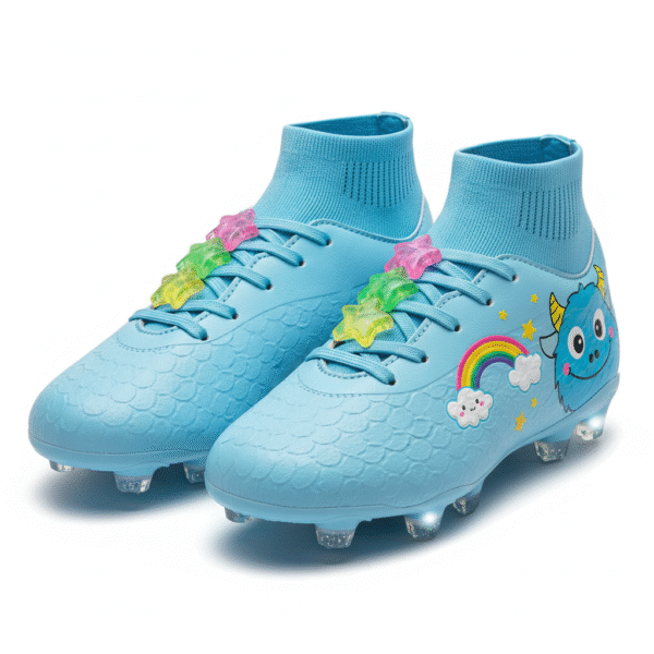 Vortex Kids azules Botas azules con calcetín y cordones vistas desde delante para niñas.