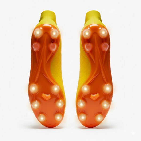 Botas amarillo-naranja con calcetín vistas desde abajo para adultas.