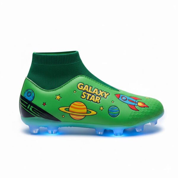 Botas verdes con calcetín vistas desde un lateral para niñas.