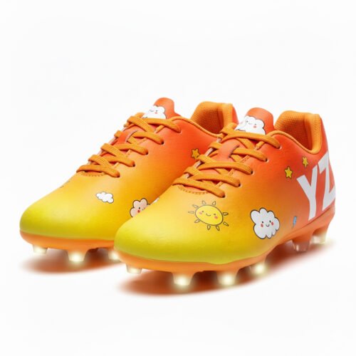 Botas amarillo-naranja con cordones vistas desde delante para niñas.